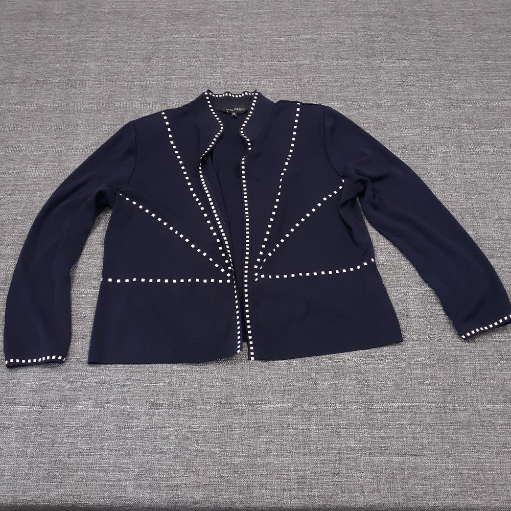 Ming Wang Cardigan Sweater Open Front Hook Close Women Size PL Navy Long Sleeve